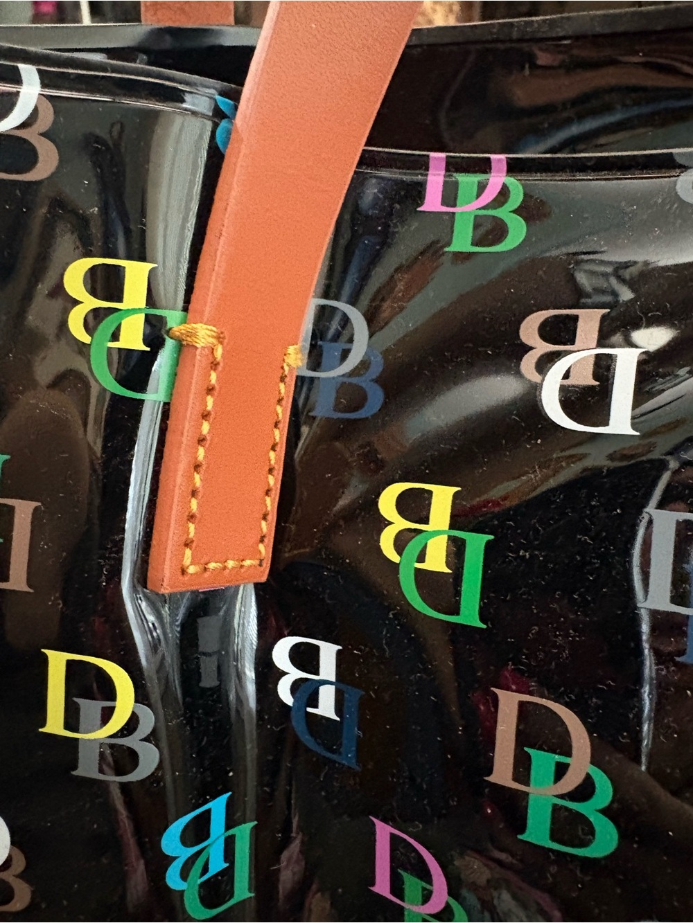 Dooney & Bourke Black Patent Tote with Multicolor DB Logo and Tan Handles - Picture 6 of 7
